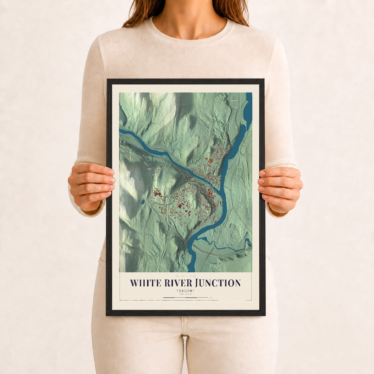 White River Junction, Vermont map print - 12 x 18 black Ayous wood frame
