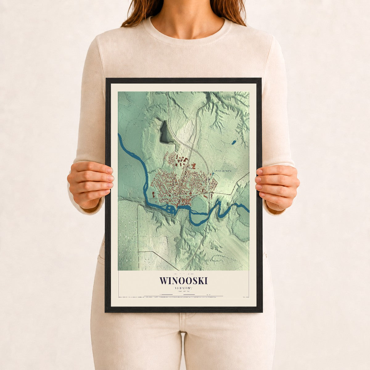 Winooski, Vermont map print - 12 x 18 black Ayous wood frame