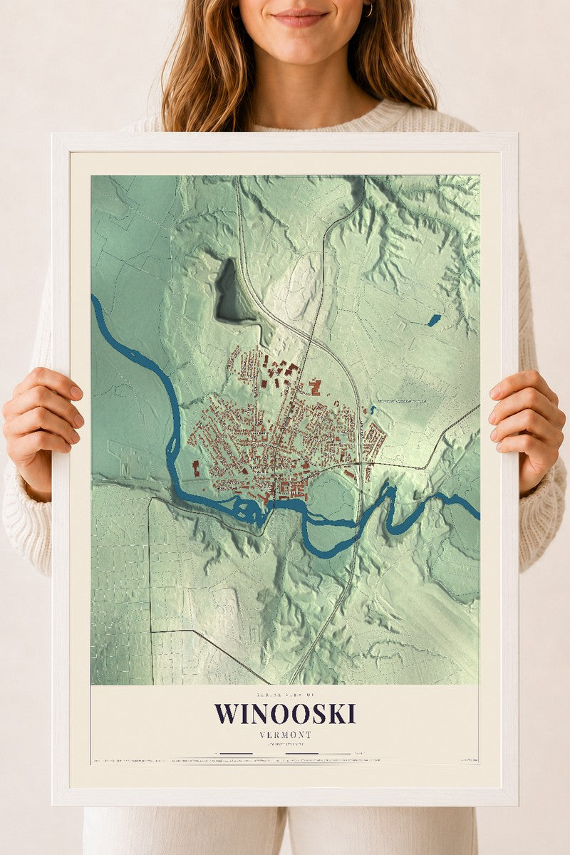 Winooski, Vermont map print - 18 x 24 white Ayous wood frame