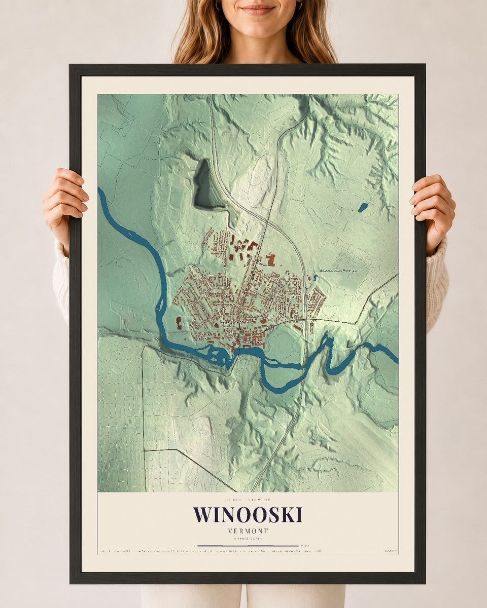 Winooski, Vermont map print - 24 x 36 black Ayous wood frame