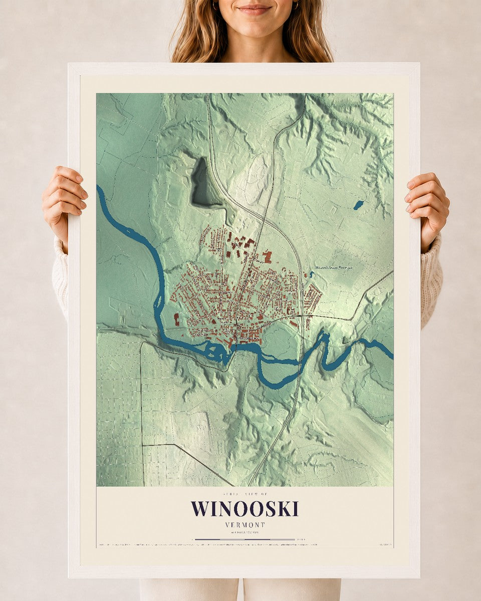 Winooski, Vermont map print - 24 x 36 white Ayous wood frame