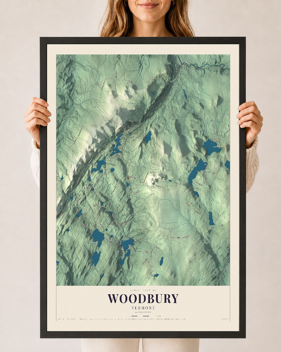 Woodbury, Vermont map print - 24 x 36 black Ayous wood frame