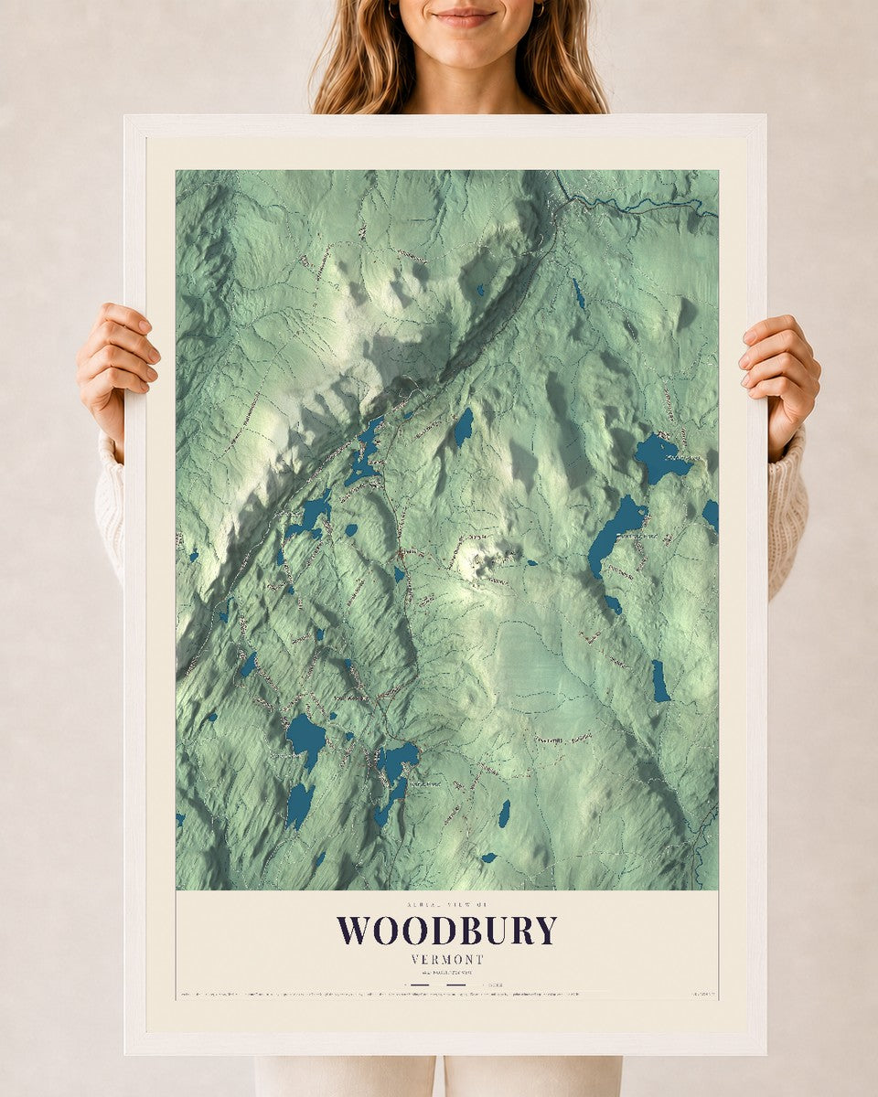 Woodbury, Vermont map print - 24 x 36 white Ayous wood frame