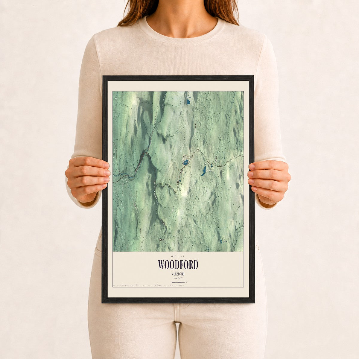 Woodford, Vermont map print - 12 x 18 black Ayous wood frame