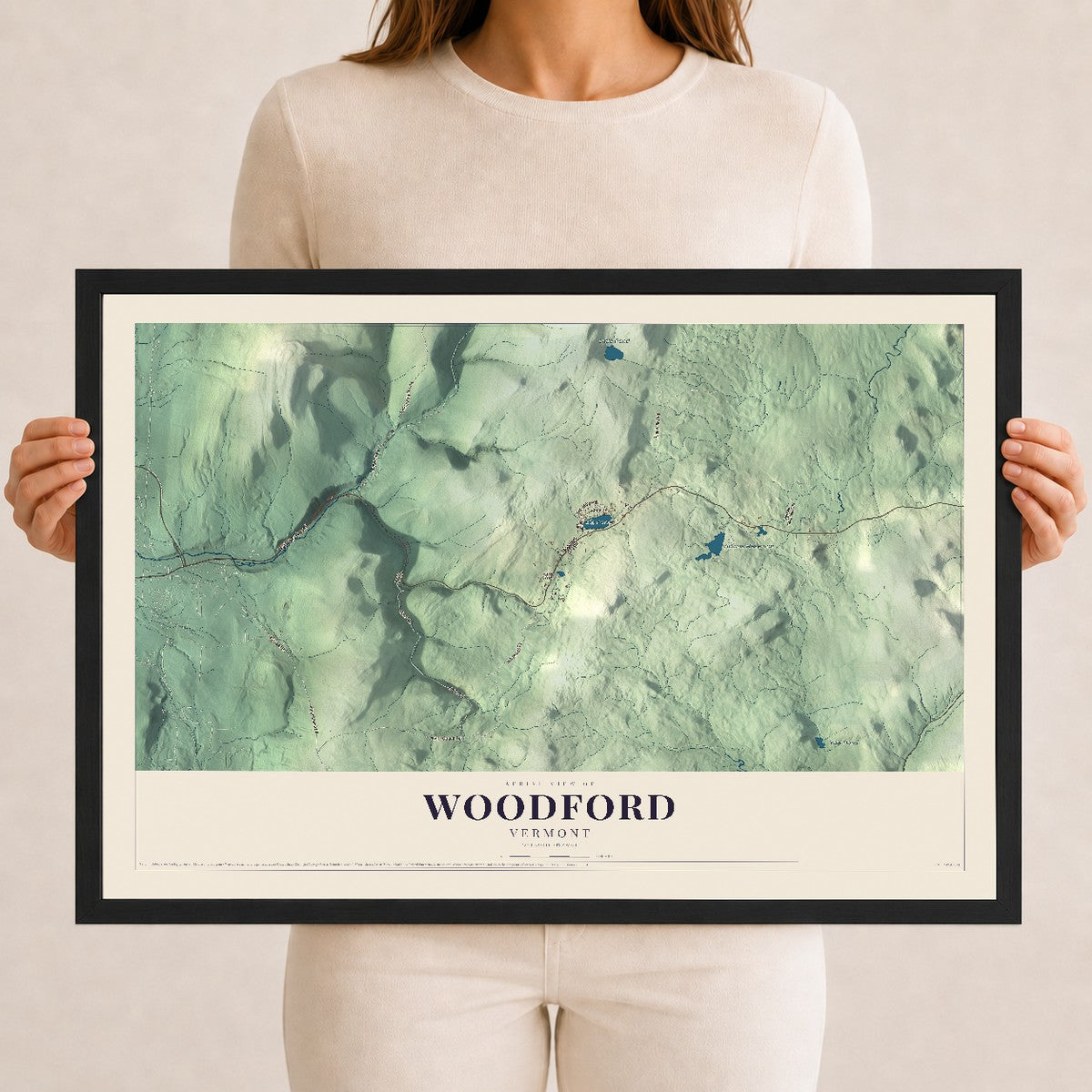 Map of Woodford, Vermont, 12 x 18 inch print in a black wood frame