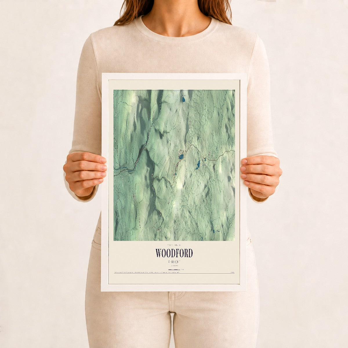 Woodford, Vermont map print - 12 x 18 white Ayous wood frame