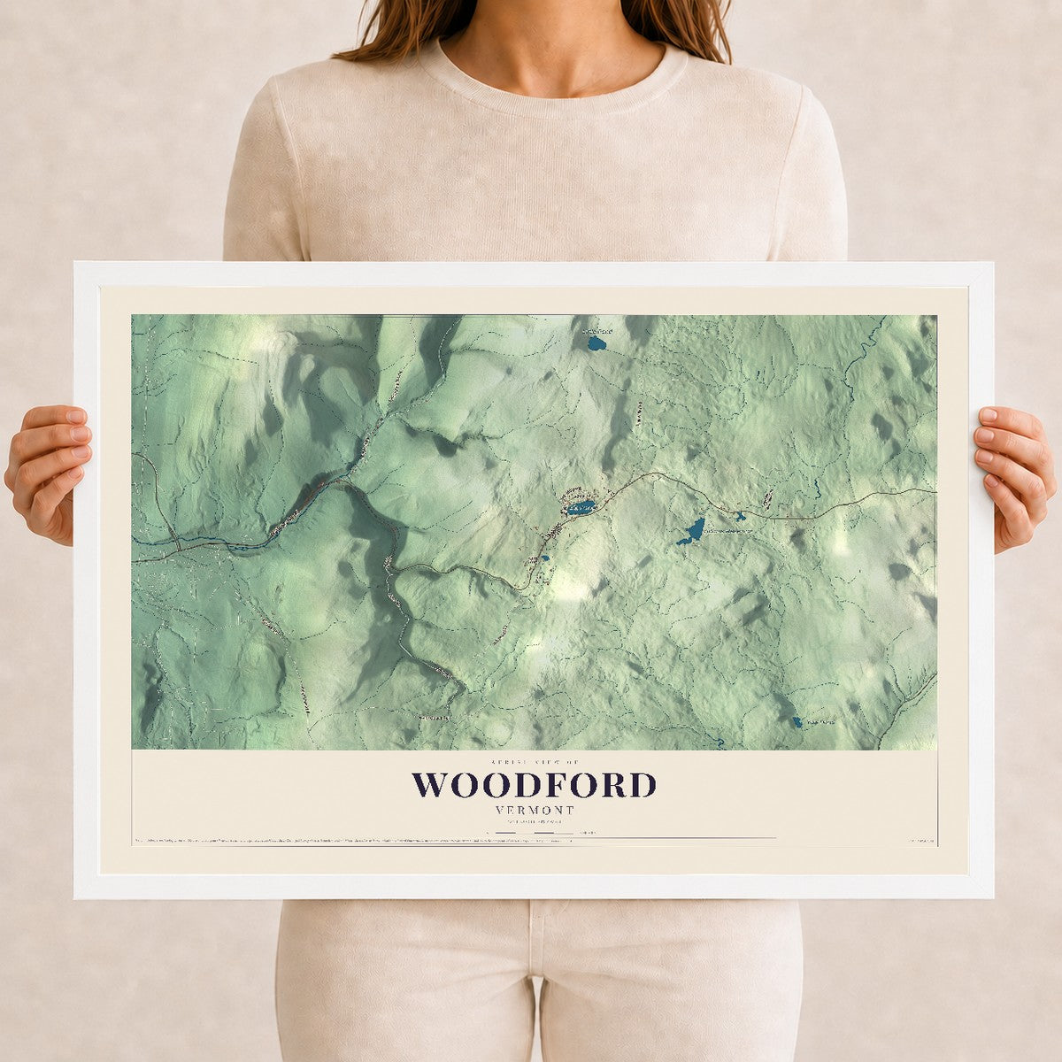 Map of Woodford, Vermont, 12 x 18 inch print in a white wood frame