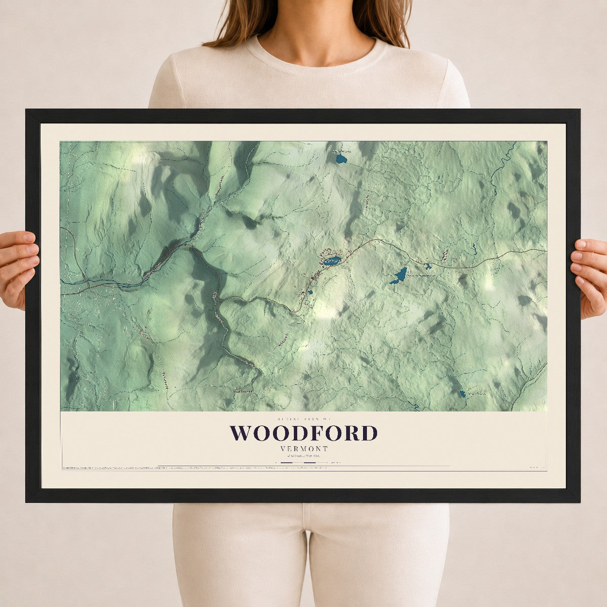 Map of Woodford, Vermont, 18 x 24 inch print in a black wood frame