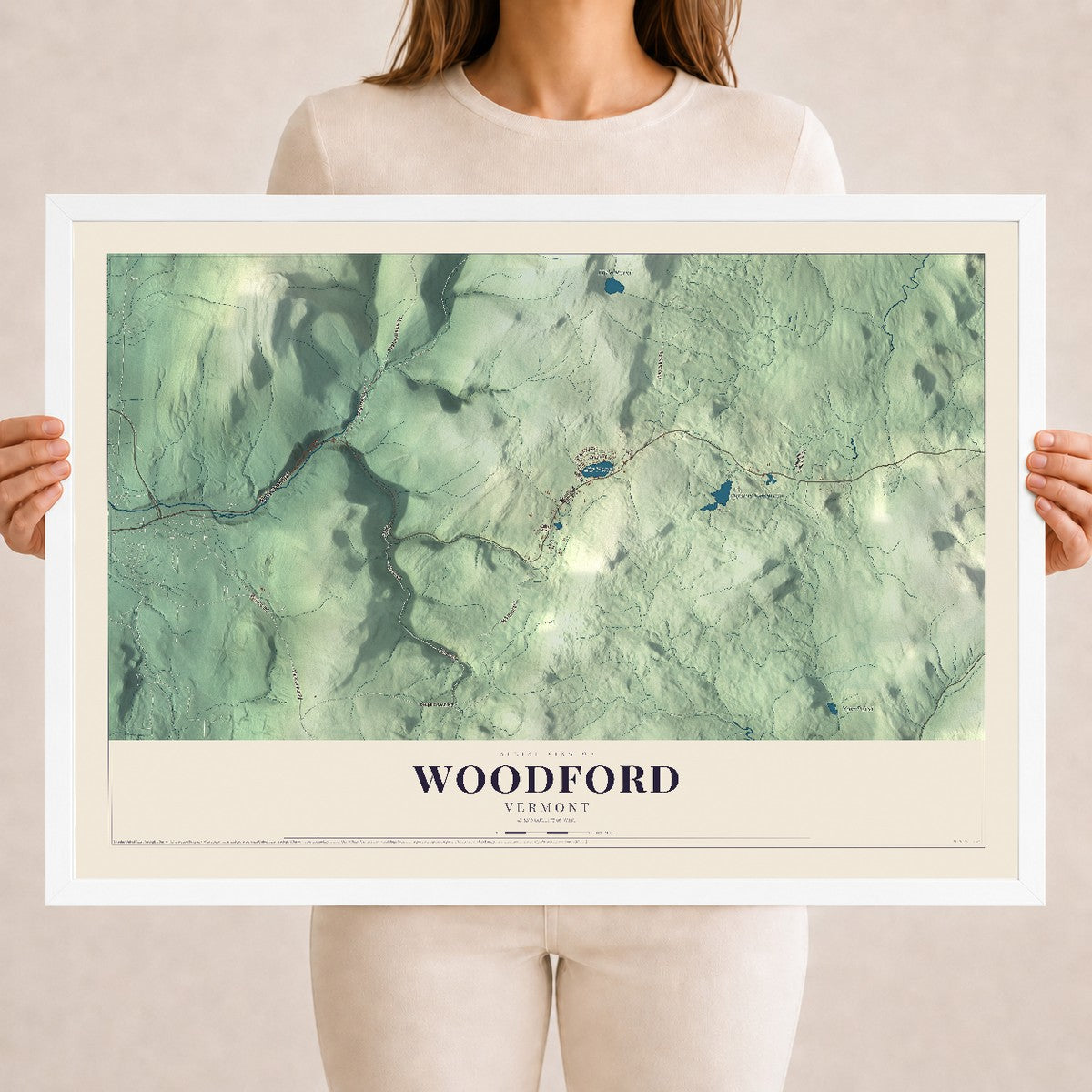 Map of Woodford, Vermont, 18 x 24 inch print in a white wood frame