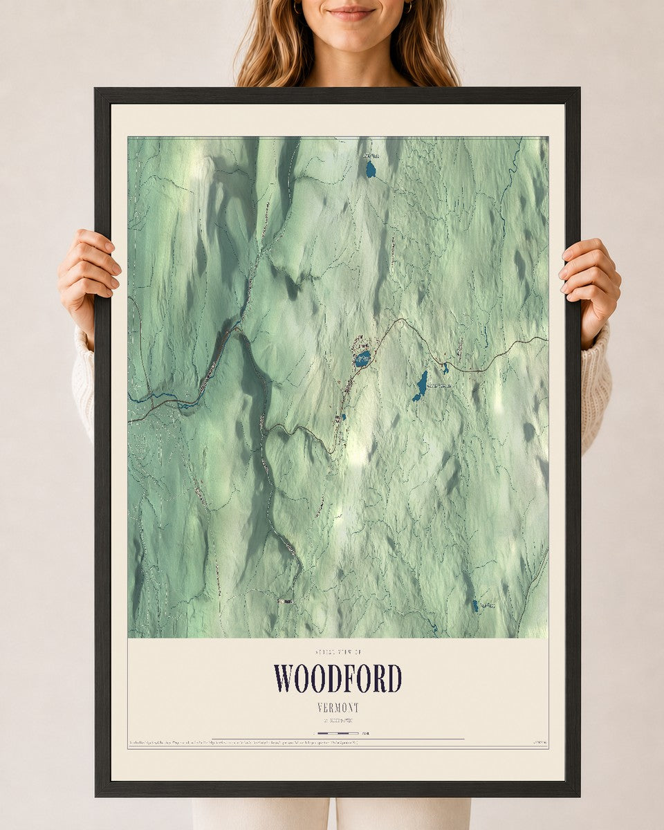 Woodford, Vermont map print - 24 x 36 black Ayous wood frame