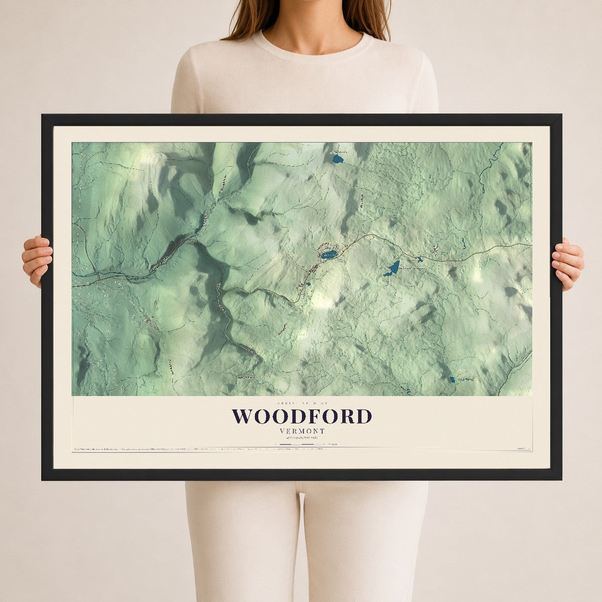 Map of Woodford, Vermont, 24 x 36 inch print in a black wood frame