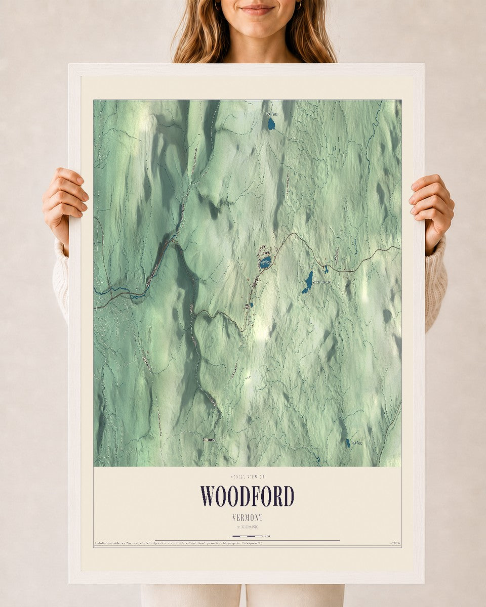 Woodford, Vermont map print - 24 x 36 white Ayous wood frame