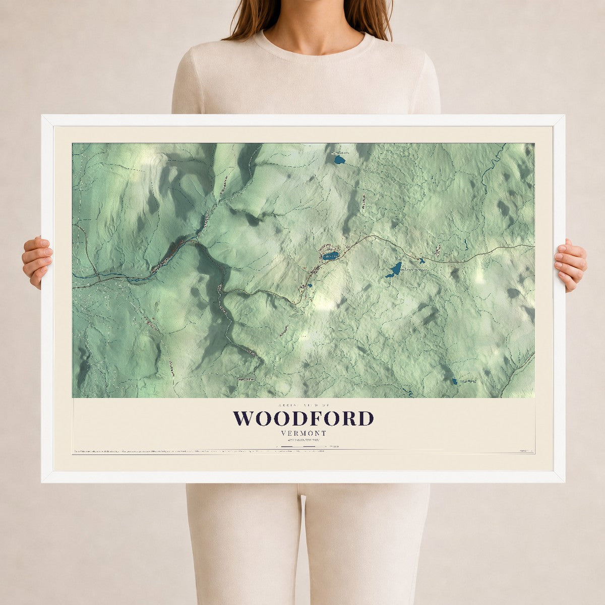 Map of Woodford, Vermont, 24 x 36 inch print in a white wood frame