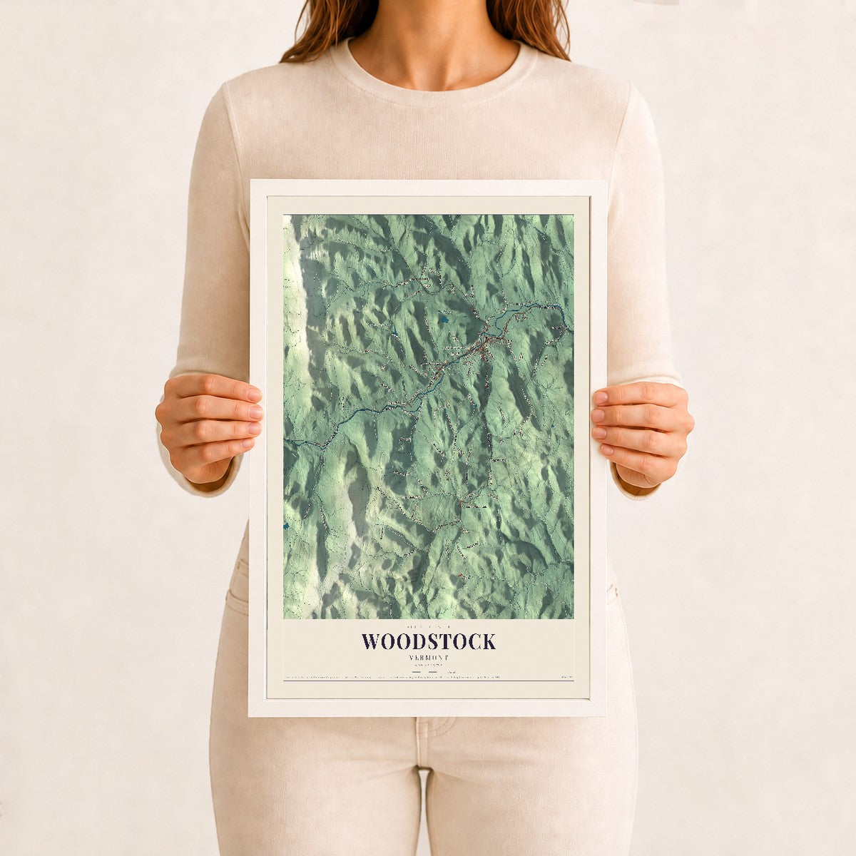 Woodstock, Vermont map print - 12 x 18 white Ayous wood frame