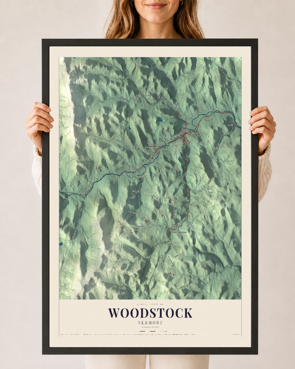Woodstock, Vermont map print - 24 x 36 black Ayous wood frame
