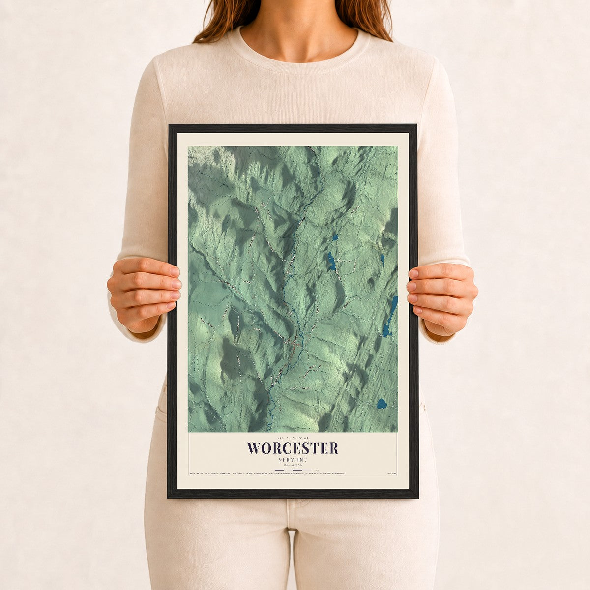 Worcester, Vermont map print - 12 x 18 black Ayous wood frame