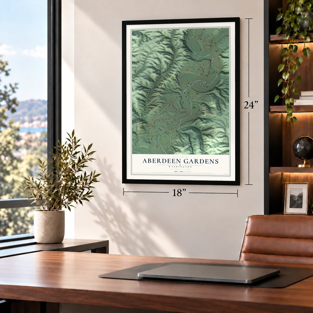 Aberdeen Gardens, Washington map, 18 x 24 inch print in a black frame in a home office