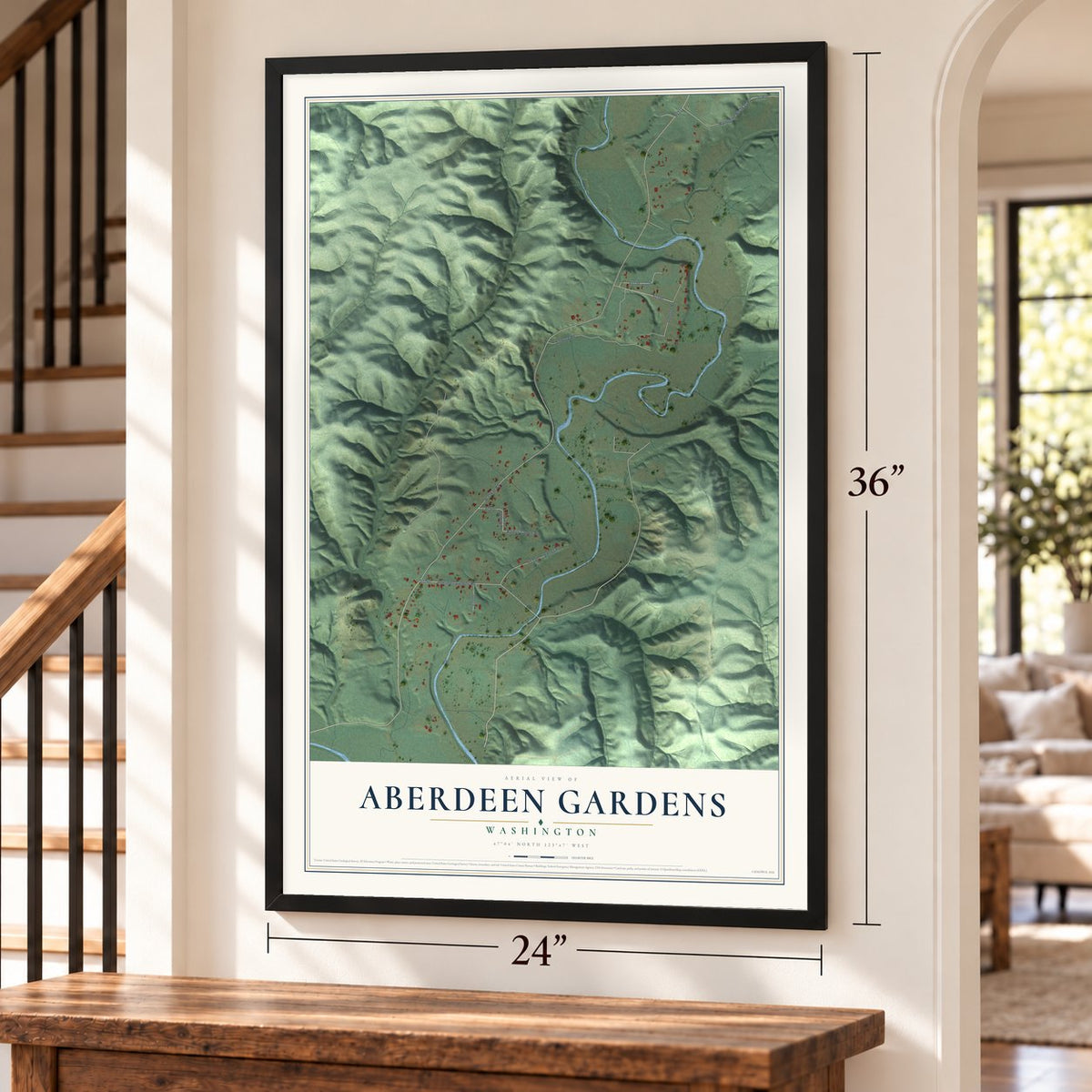 Aberdeen Gardens, Washington map, 24 x 36 inch print in a black frame by a staircase