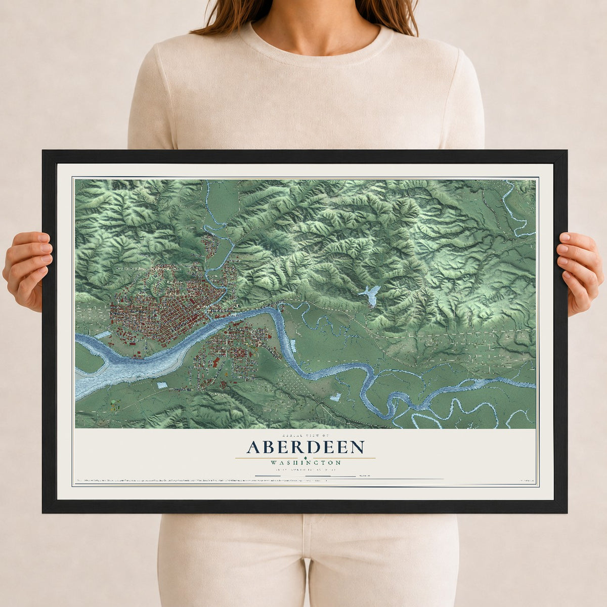 Map of Aberdeen, Washington, 12 x 18 inch print in a black wood frame