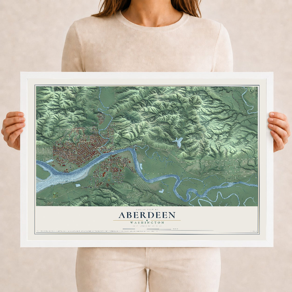 Map of Aberdeen, Washington, 12 x 18 inch print in a white wood frame