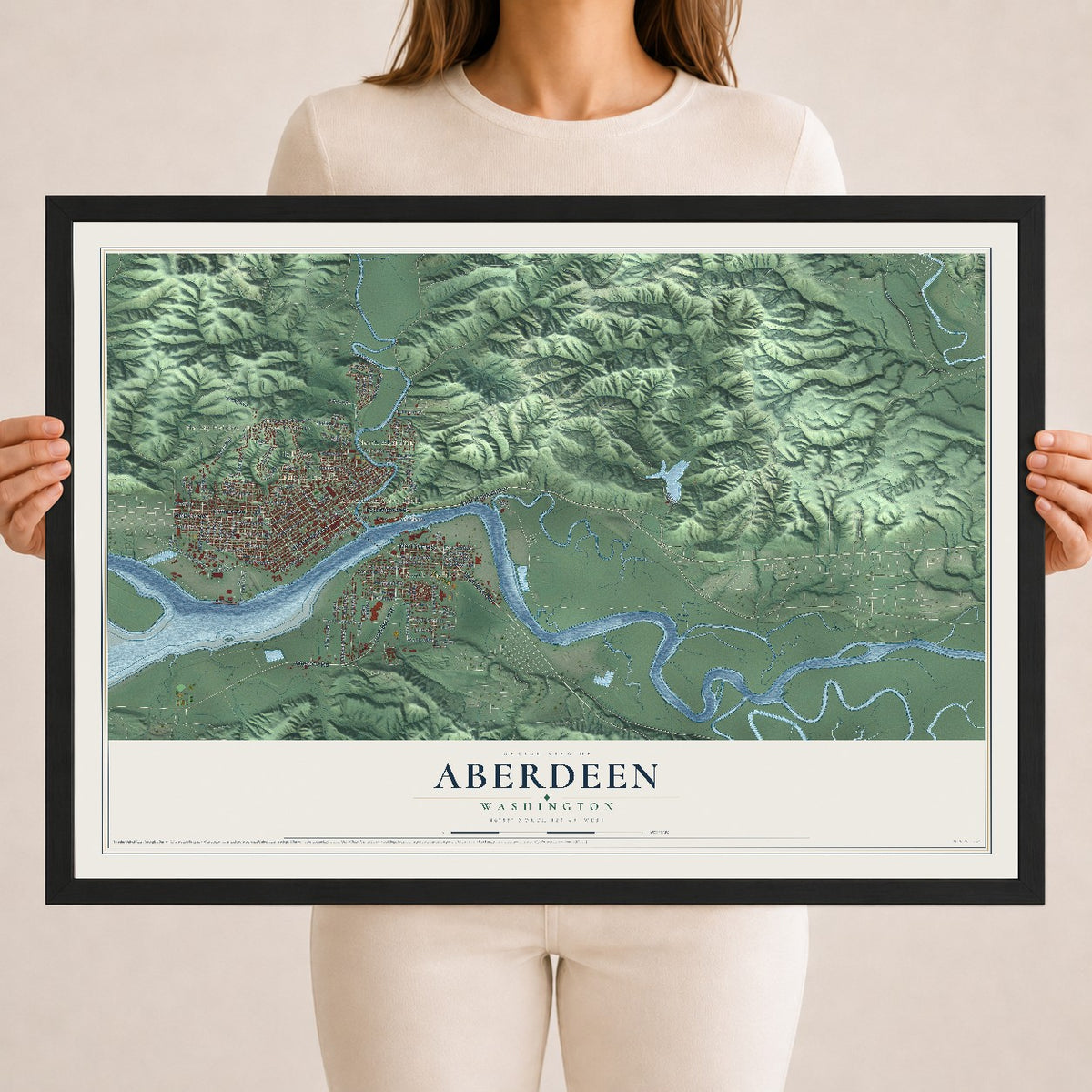 Map of Aberdeen, Washington, 18 x 24 inch print in a black wood frame