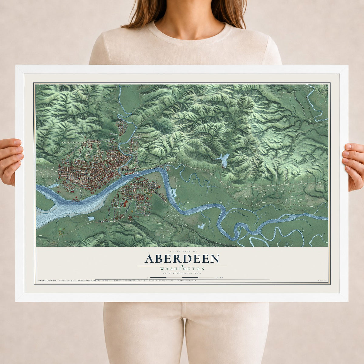 Map of Aberdeen, Washington, 18 x 24 inch print in a white wood frame