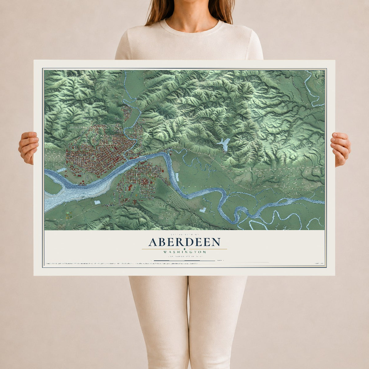 Map of Aberdeen, Washington, 24 x 36 inch unframed archival matte print