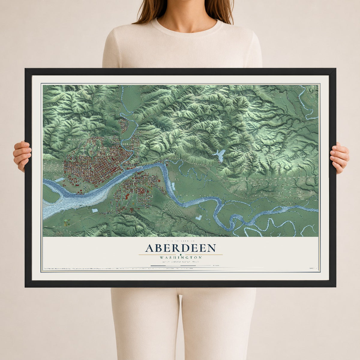 Map of Aberdeen, Washington, 24 x 36 inch print in a black wood frame