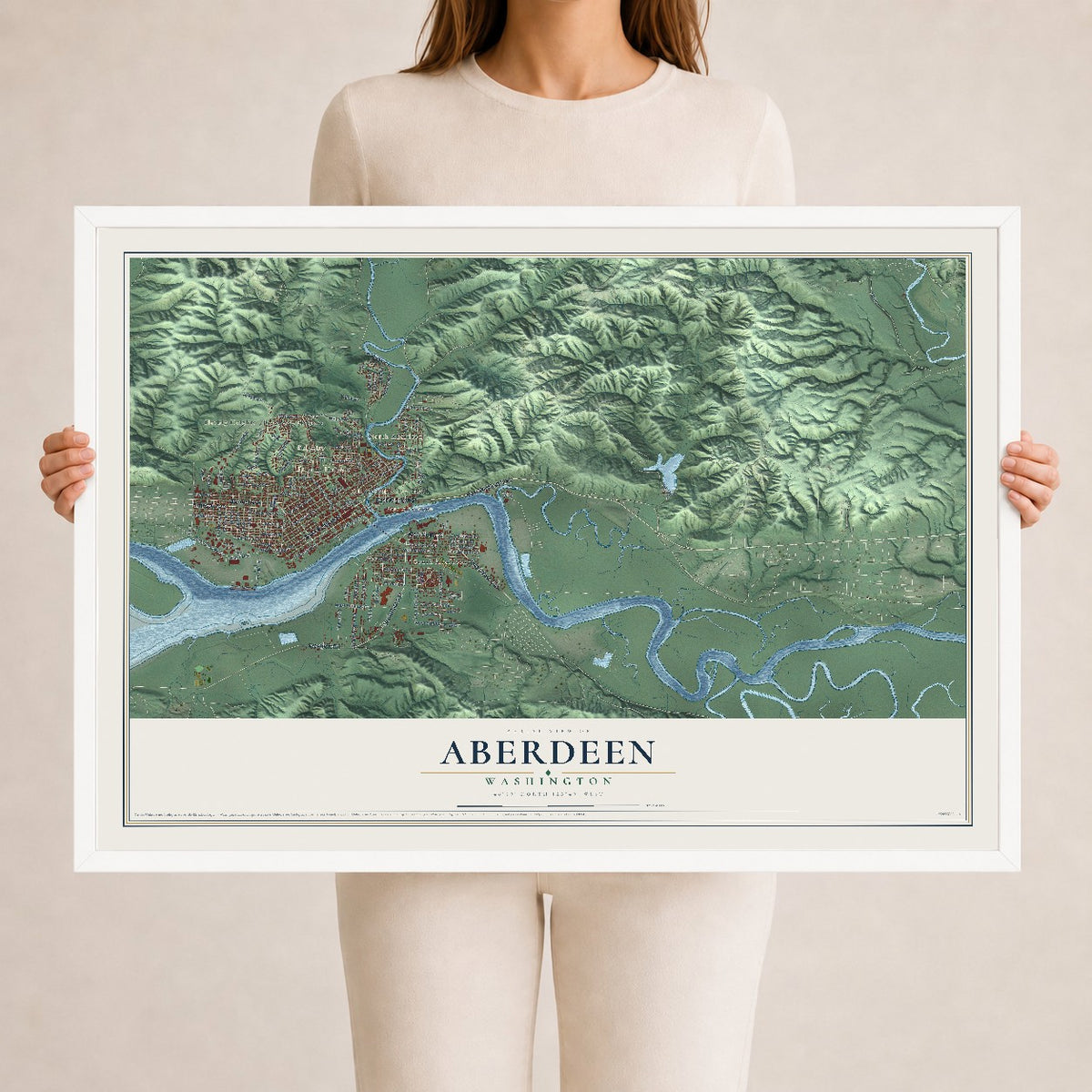 Map of Aberdeen, Washington, 24 x 36 inch print in a white wood frame