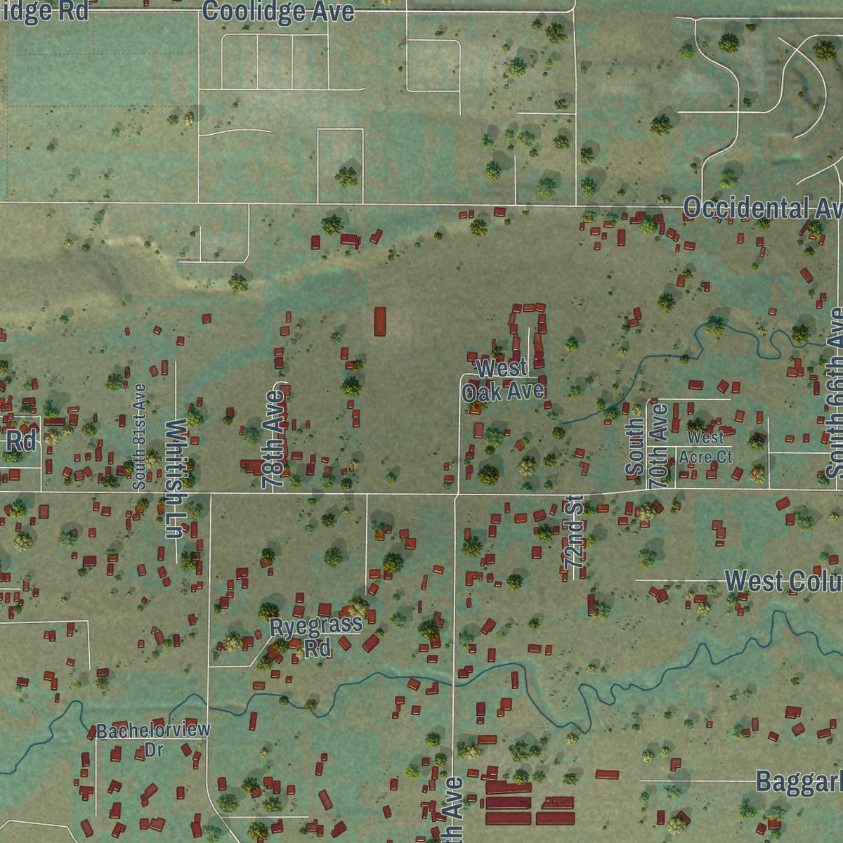 Close-up of the map of Ahtanum, Washington print showing street and building detail