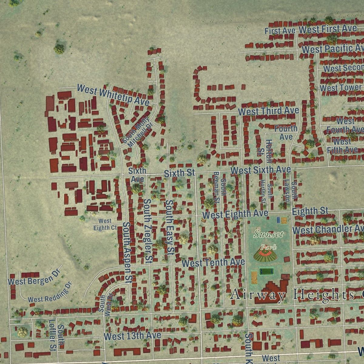Close-up of the map of Airway Heights, Washington print showing street and building detail