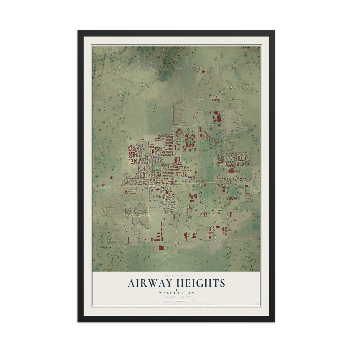 Map of Airway Heights, Washington, 12 x 18 inch print in a black wood frame