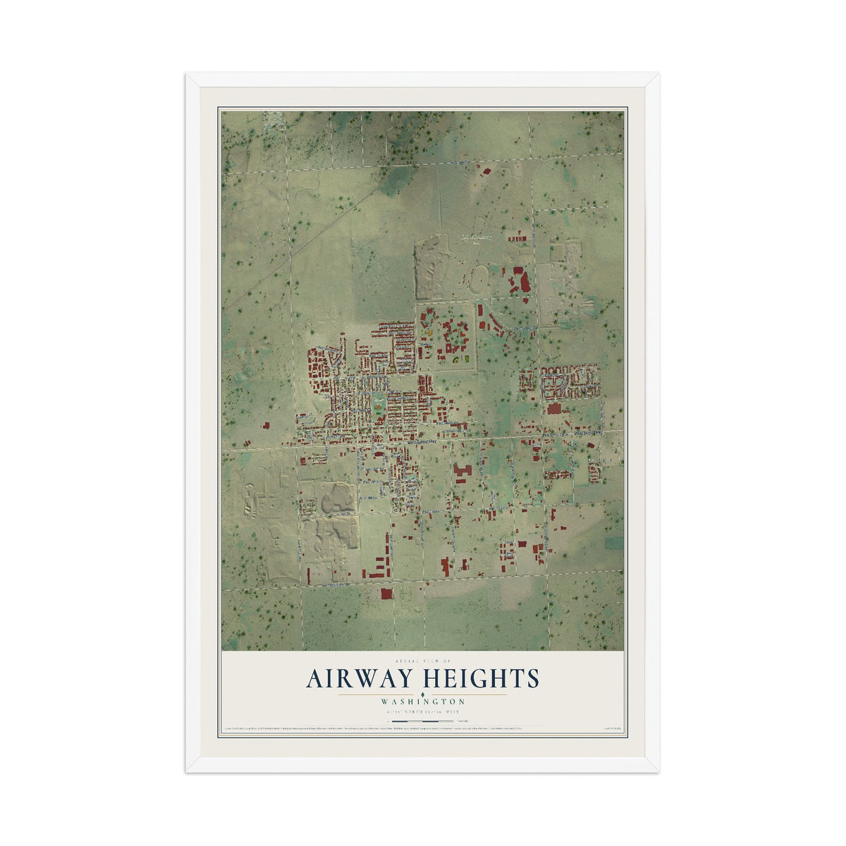 Map of Airway Heights, Washington, 12 x 18 inch print in a white wood frame