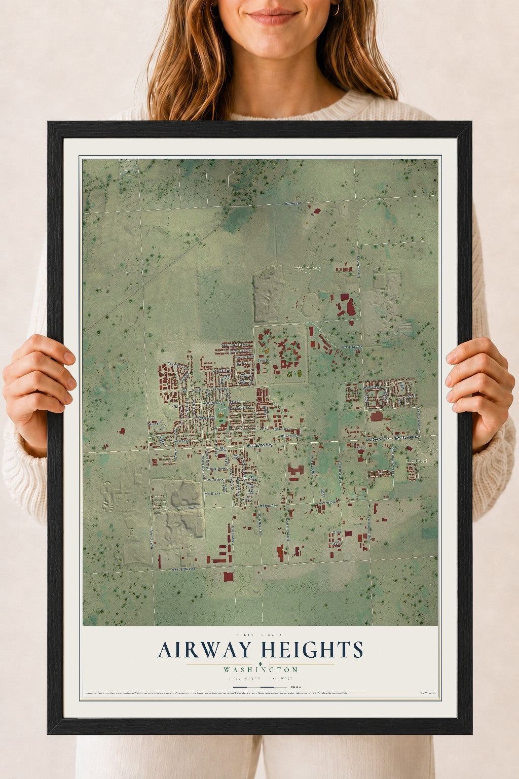 Map of Airway Heights, Washington, 18 x 24 inch print in a black wood frame