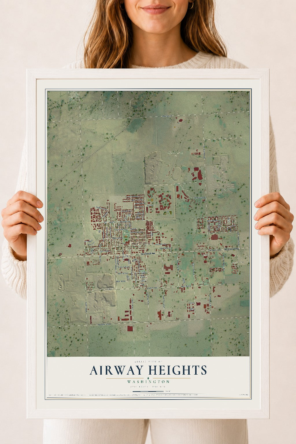 Map of Airway Heights, Washington, 18 x 24 inch print in a white wood frame