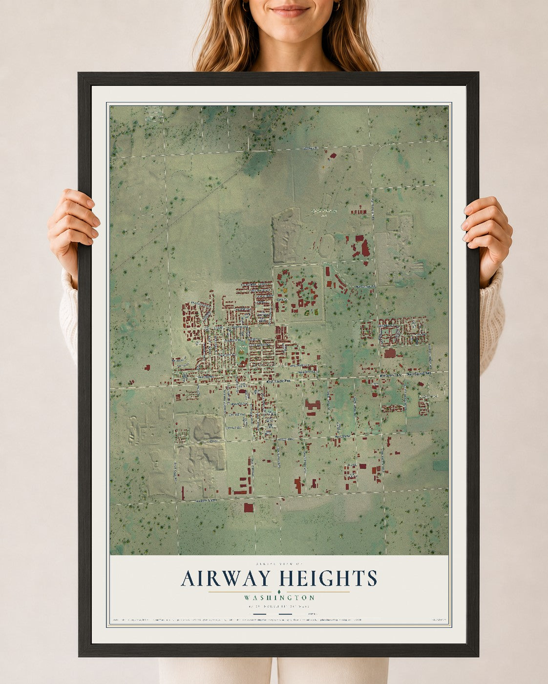 Map of Airway Heights, Washington, 24 x 36 inch print in a black wood frame