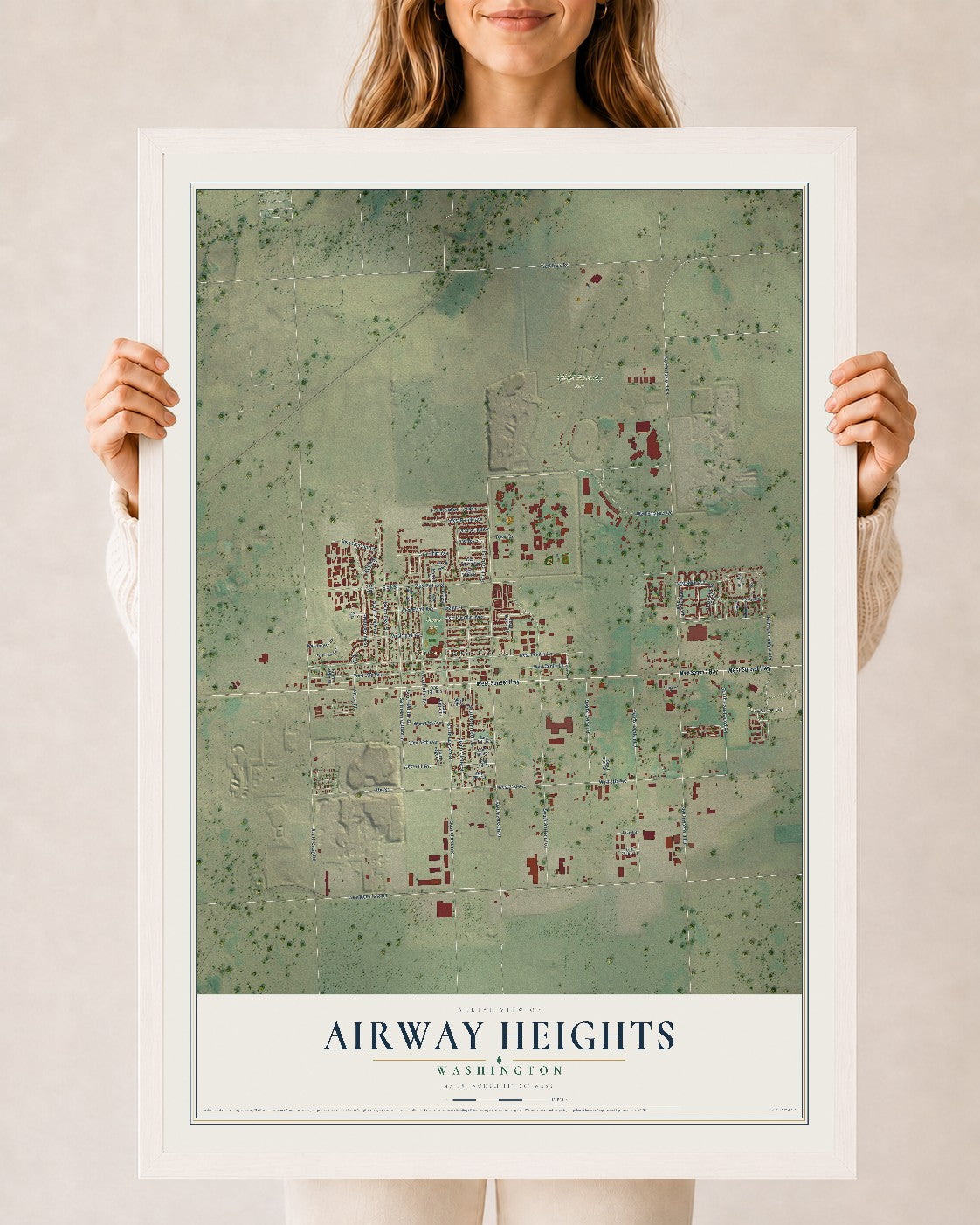 Map of Airway Heights, Washington, 24 x 36 inch print in a white wood frame
