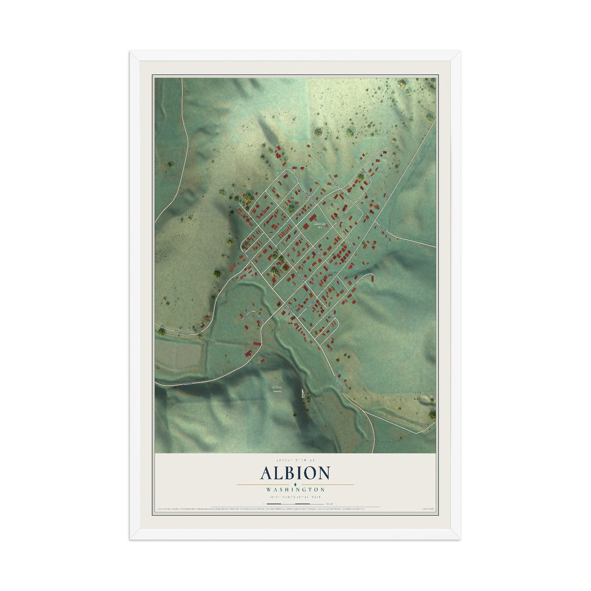 Map of Albion, Washington, 12 x 18 inch print in a white wood frame