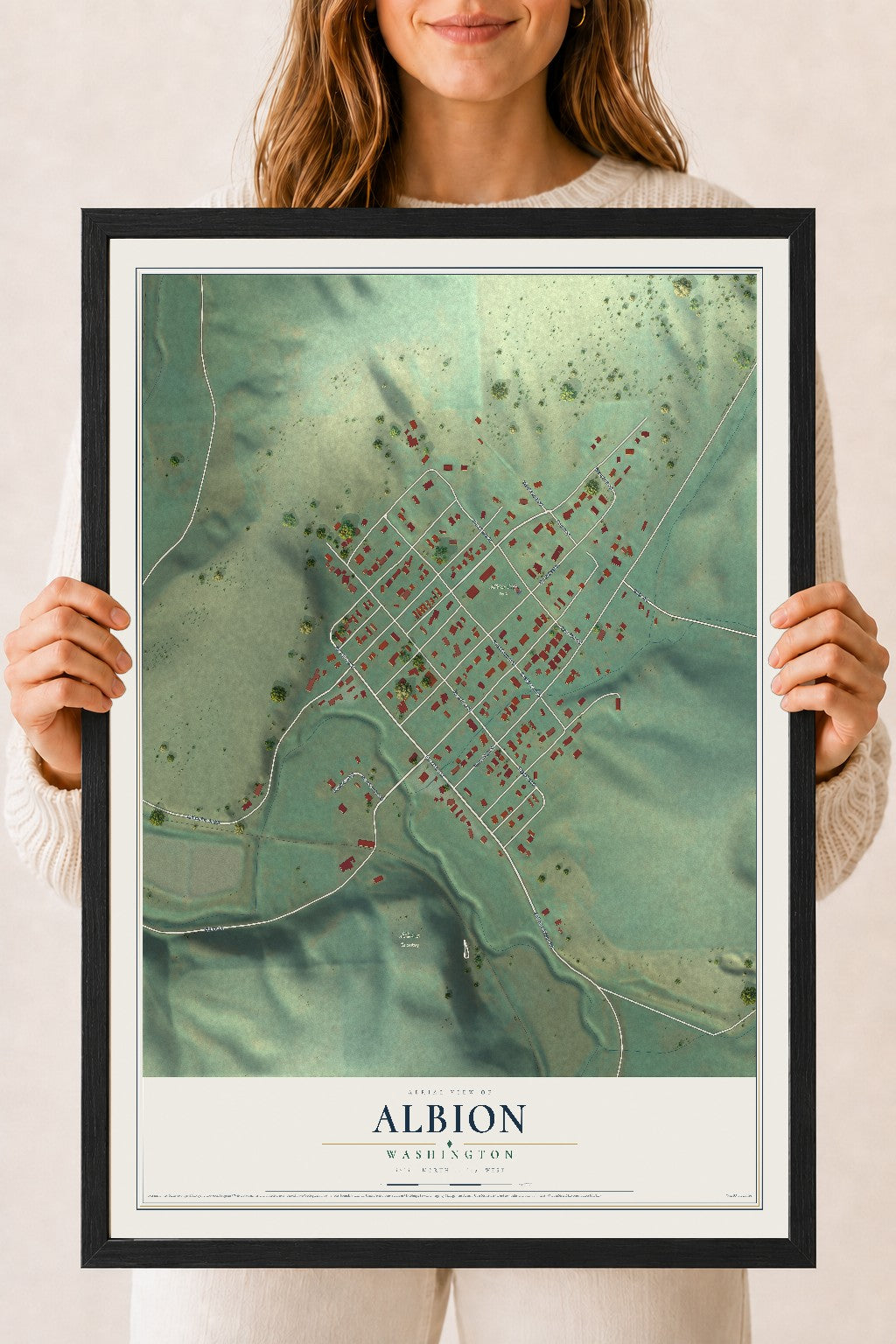 Map of Albion, Washington, 18 x 24 inch print in a black wood frame