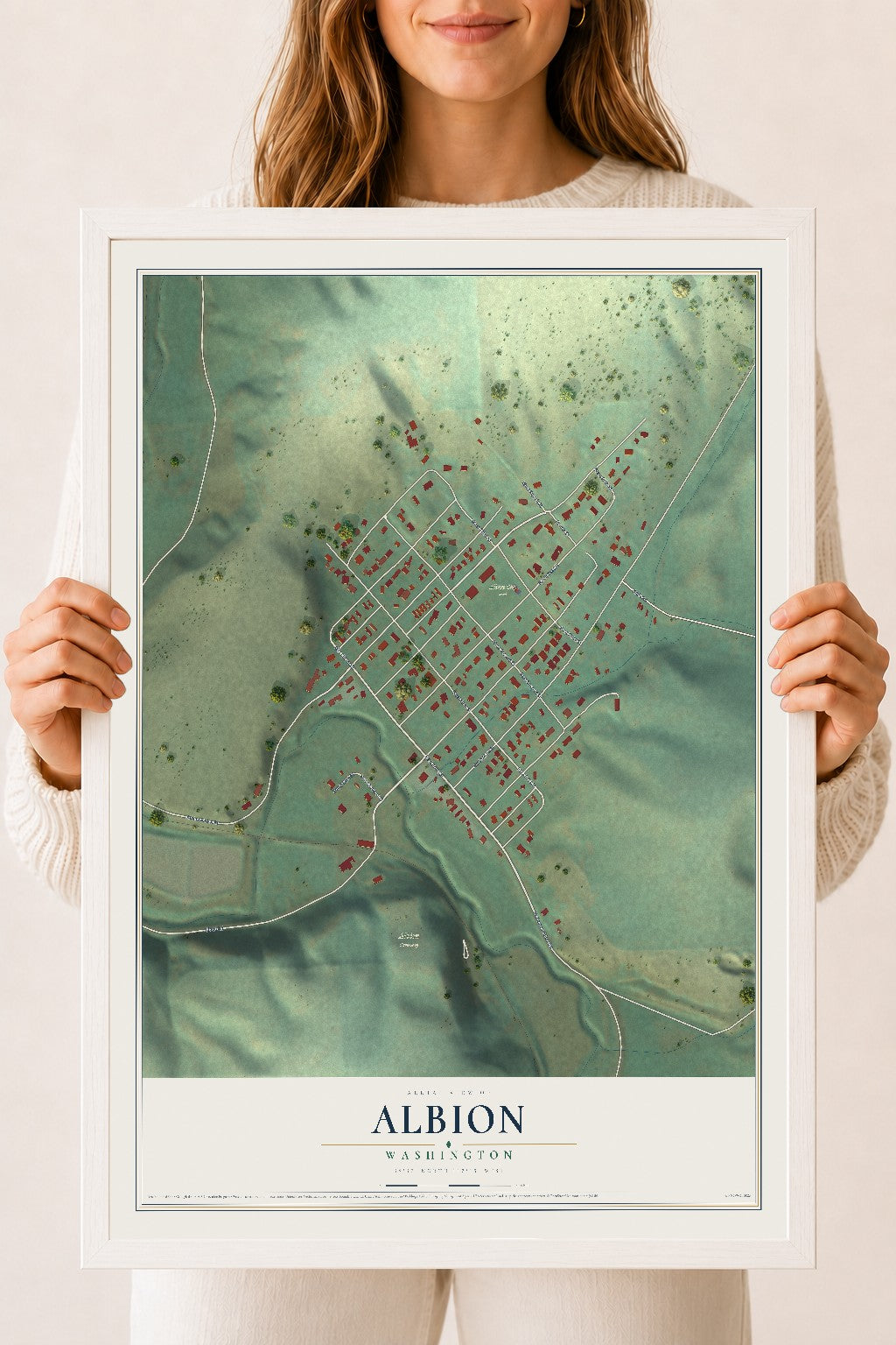 Map of Albion, Washington, 18 x 24 inch print in a white wood frame