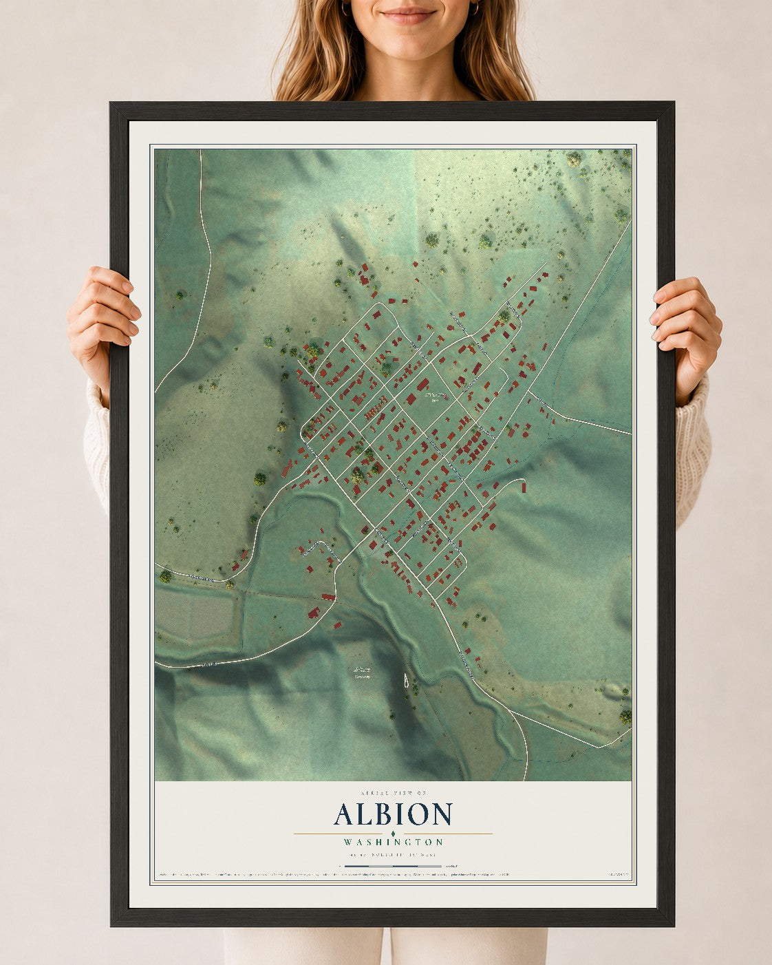 Map of Albion, Washington, 24 x 36 inch print in a black wood frame
