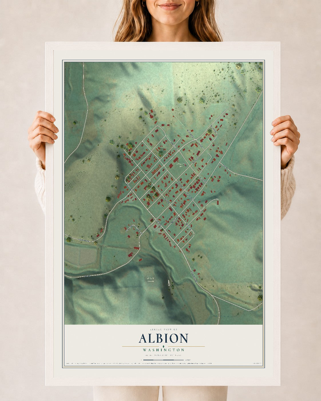Map of Albion, Washington, 24 x 36 inch print in a white wood frame