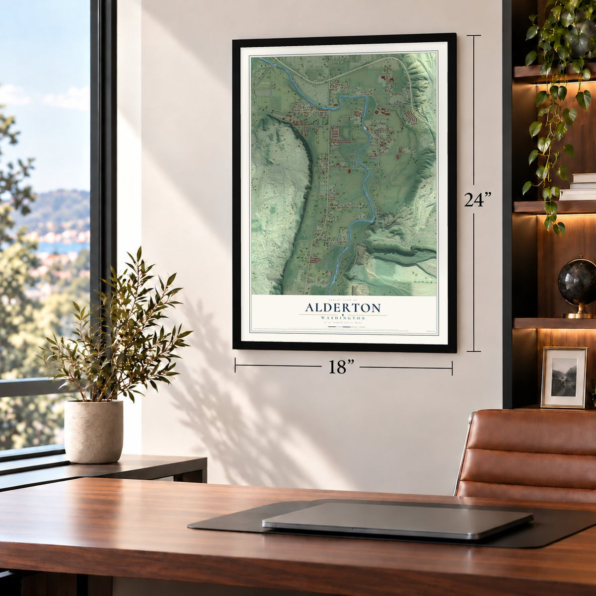 Alderton, Washington map, 18 x 24 inch print in a black frame in a home office