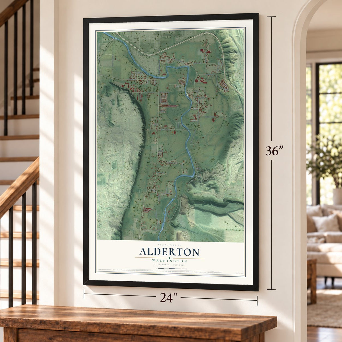 Alderton, Washington map, 24 x 36 inch print in a black frame by a staircase