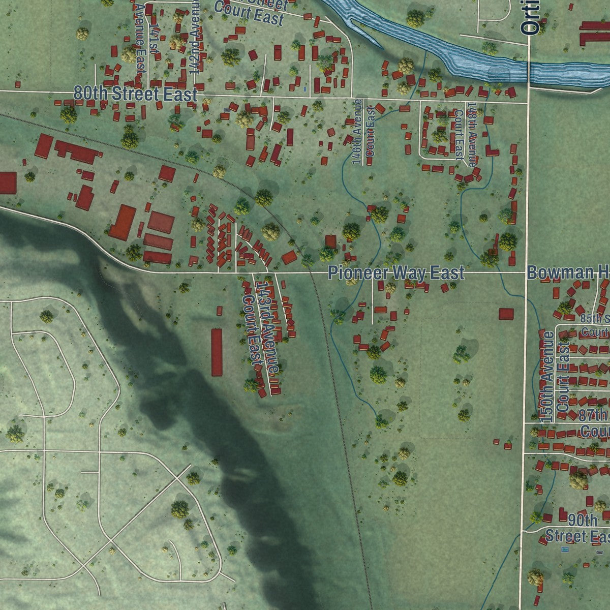 Close-up of the map of Alderton, Washington print showing street and building detail