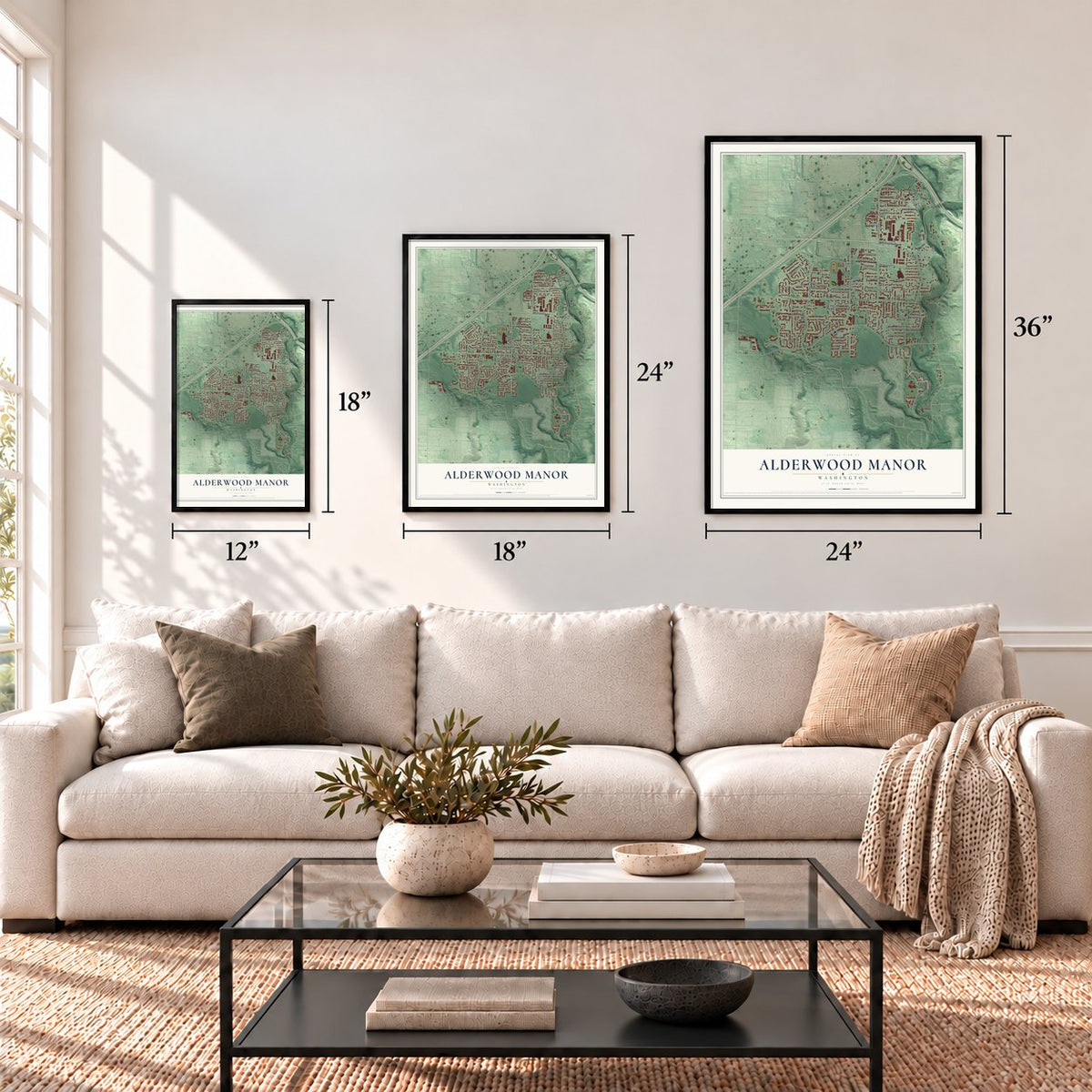 Alderwood Manor, Washington map in 12 x 18, 18 x 24 and 24 x 36 inch sizes above a sofa