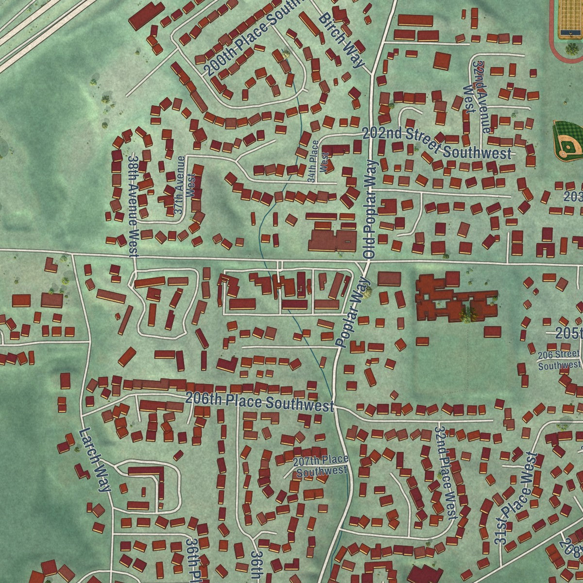 Close-up of the map of Alderwood Manor, Washington print showing street and building detail