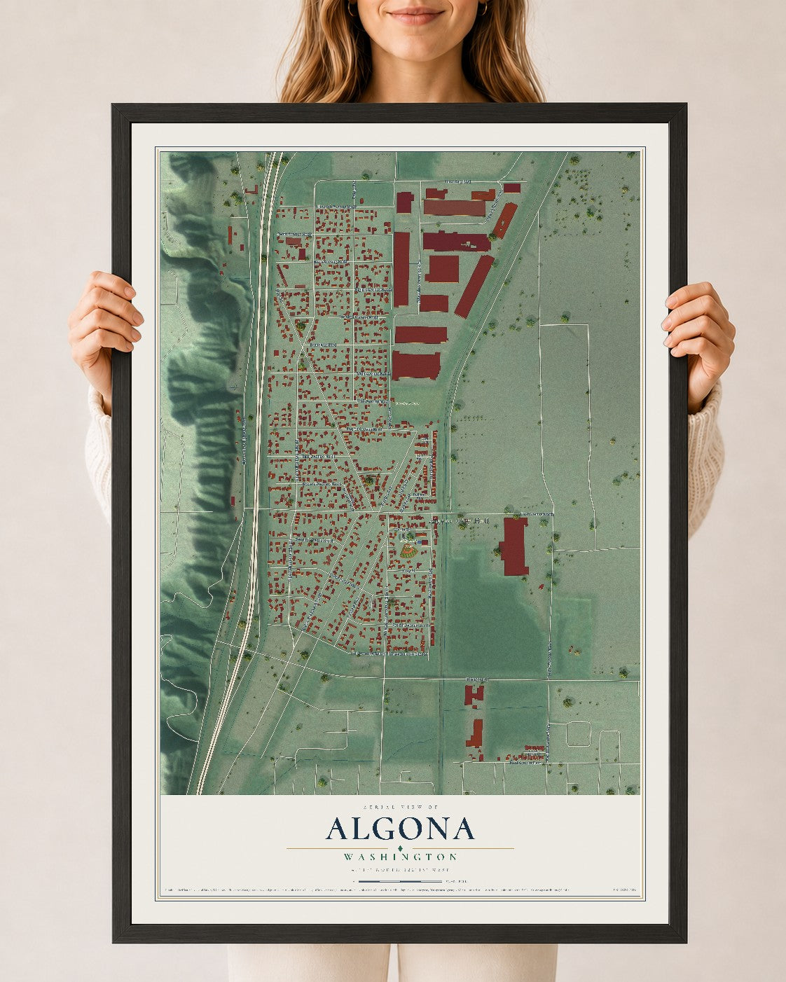 Map of Algona, Washington, 24 x 36 inch print in a black wood frame