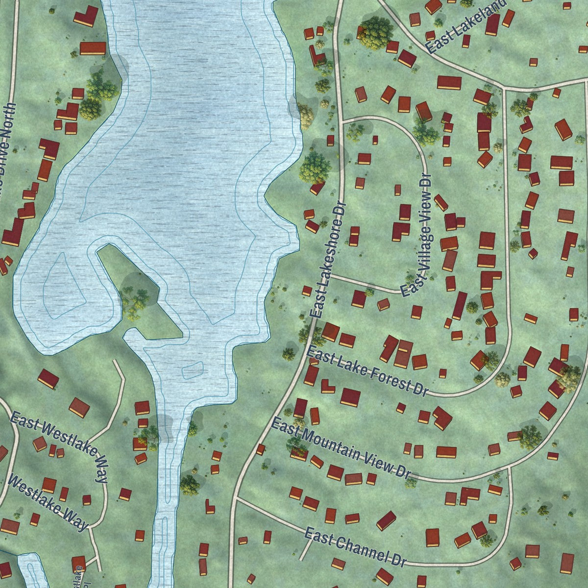 Close-up of the map of Allyn, Washington print showing street and building detail