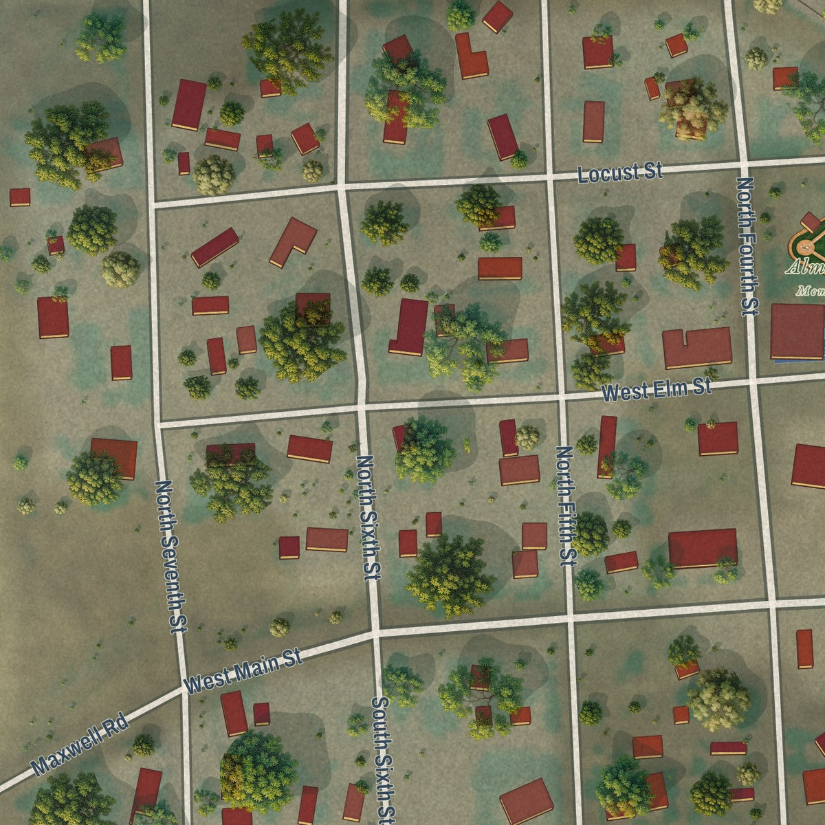 Close-up of the map of Almira, Washington print showing street and building detail